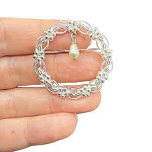 Vintage Jewelry Silver Tone Wreath Brooch with dangling pearl
